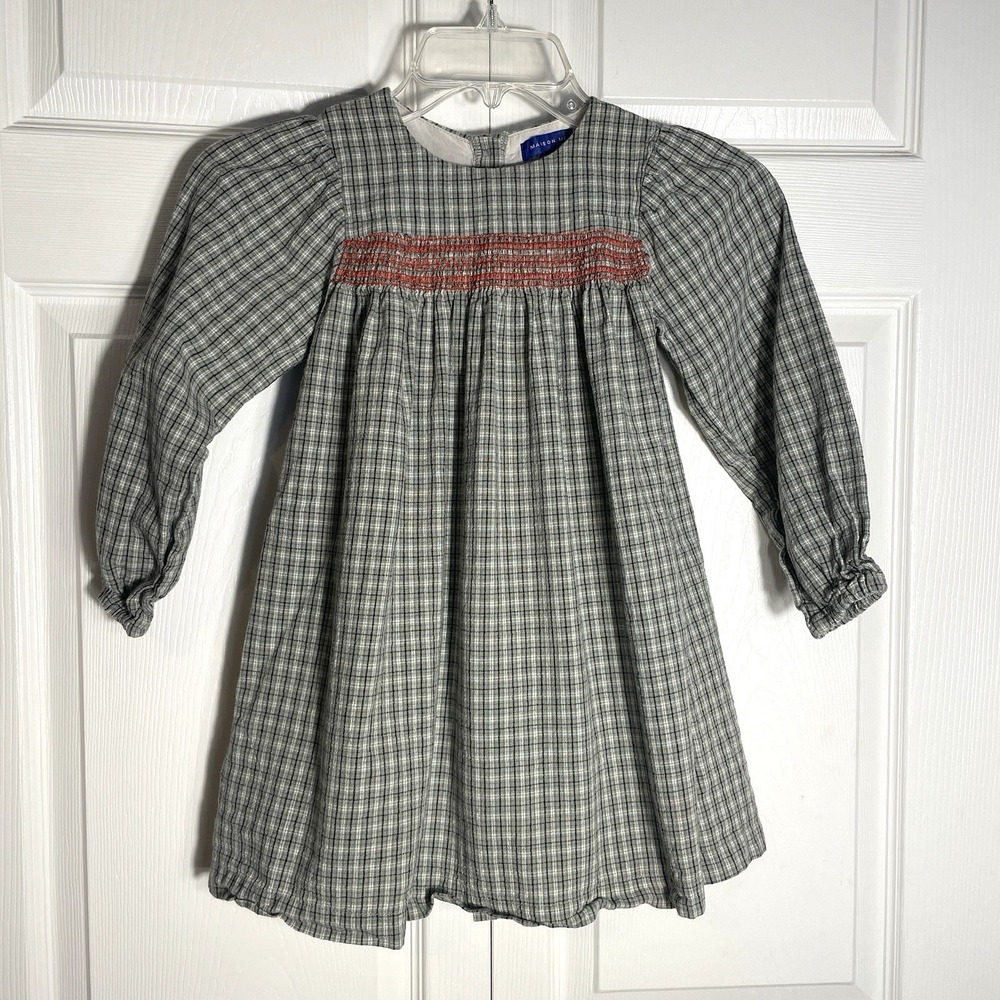 Maison Me Homespun Dress Girl 6Y Green‎ Beige Plaid Cotton Smocked Cottagecore